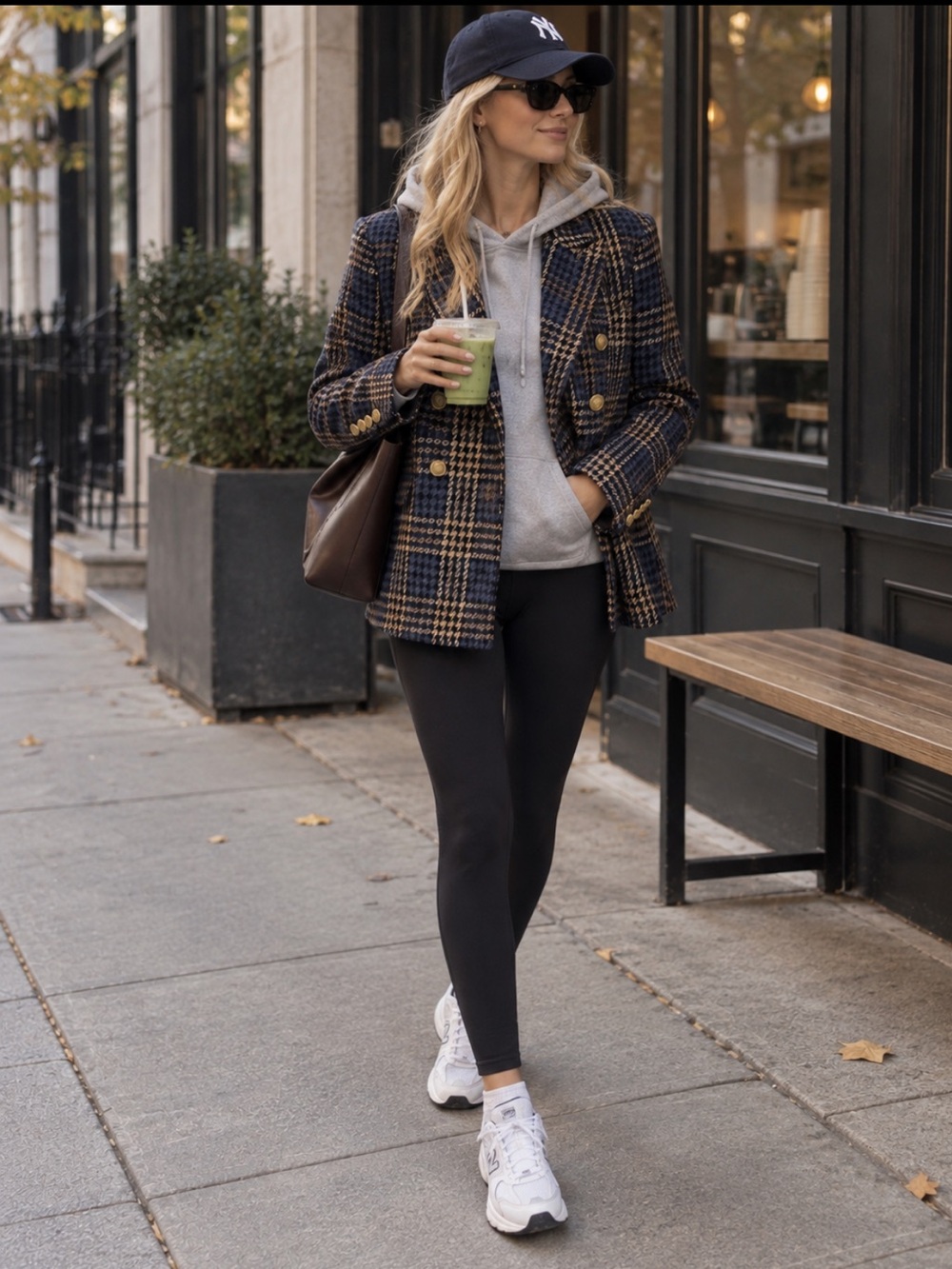 Boston Proper Navy and Brown Plaid Pea Coat Blazer Jacket